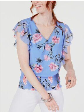 INC International Concepts Women's Blue Floral Printed Smoked Top Blouse Size S
